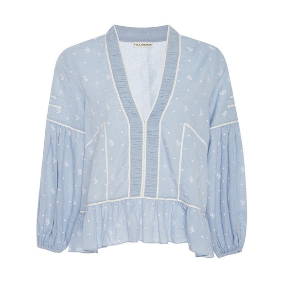 Ulla Johnson Etienne Blouse Chambray Floral Embroidered Swiss Dot - Picture 3 of 13